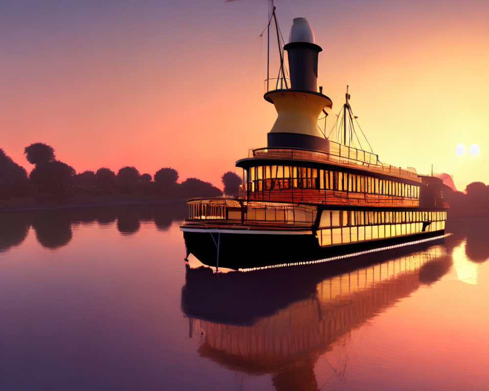 Vintage Paddle Steamer Boat Gliding on Calm Waters at Sunset