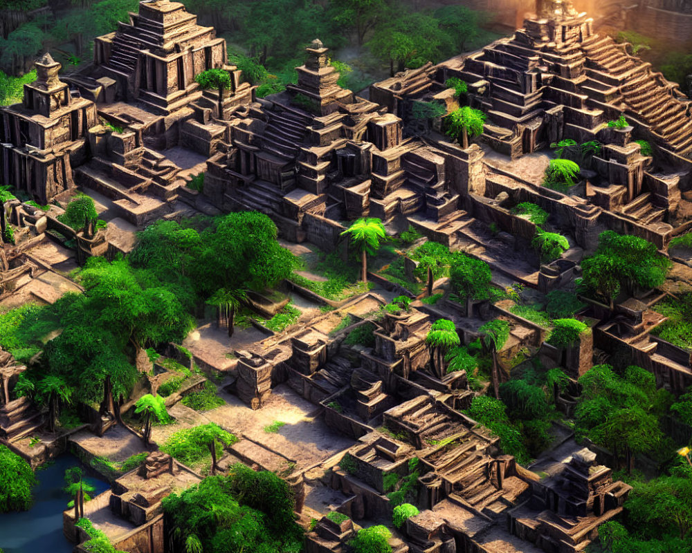 Stepped Pyramids in Lush Forest with Golden Sunlight