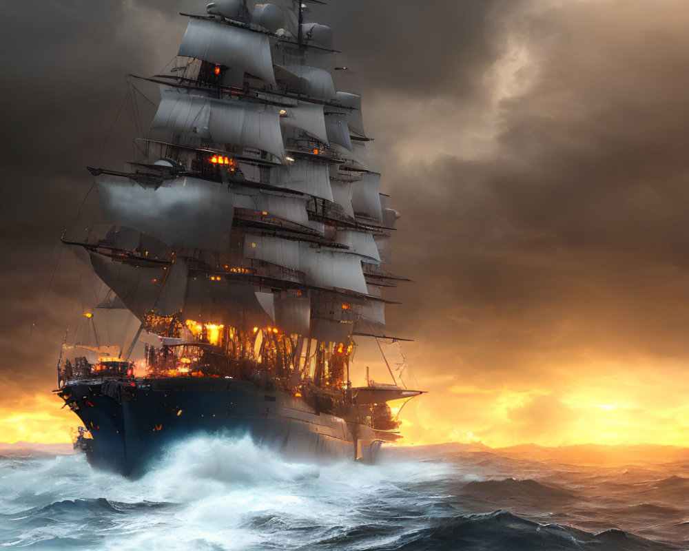 Majestic tall ship with illuminated sails in tumultuous ocean waves