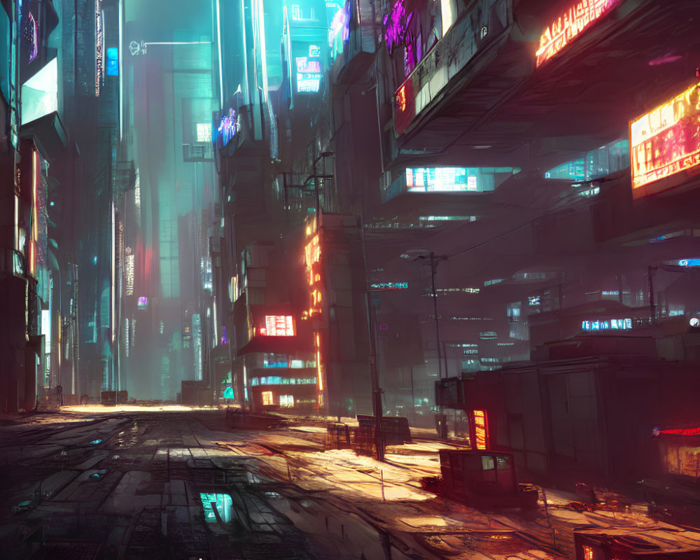 Vibrant futuristic cityscape with neon skyscrapers and illuminated billboards