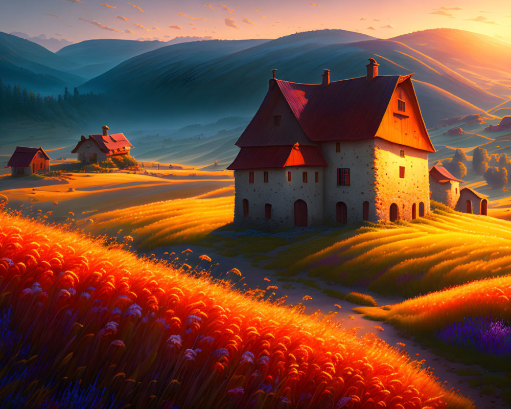 Colorful countryside scene with stone house and wheat fields at sunset