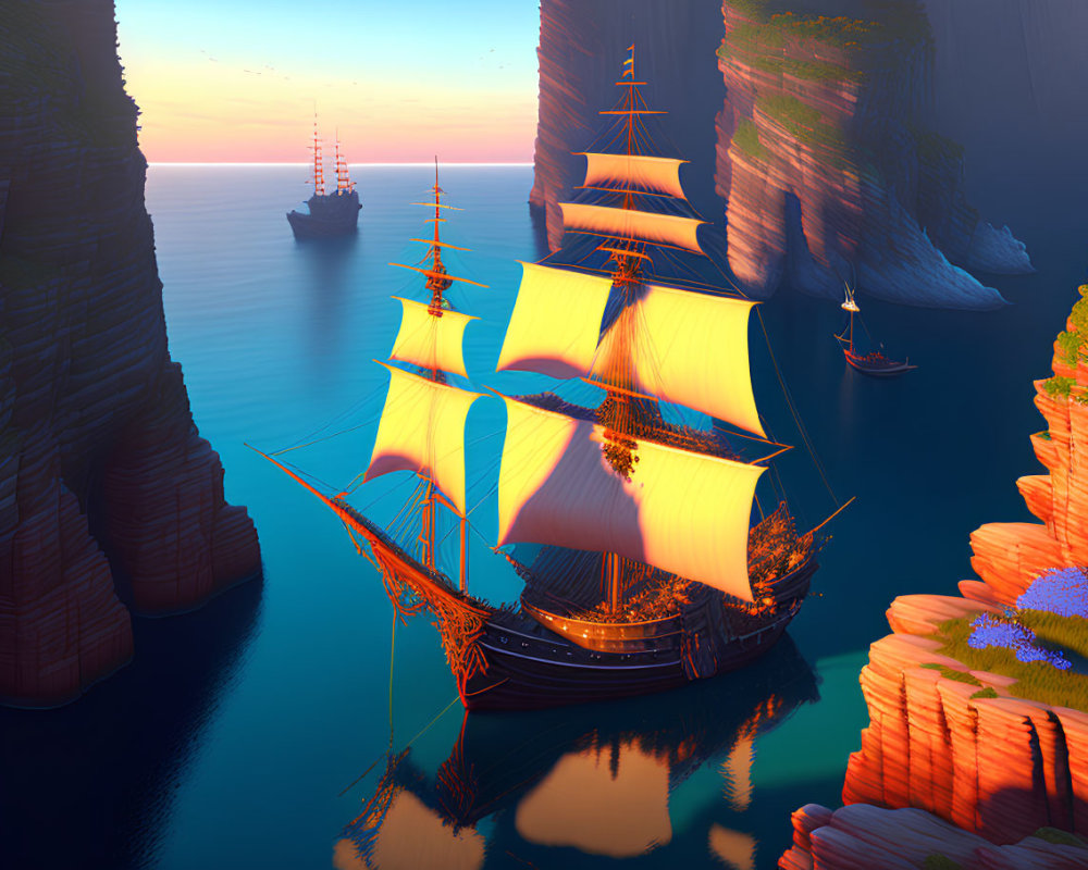 Sailing ship with full sails near cliffs at sunset