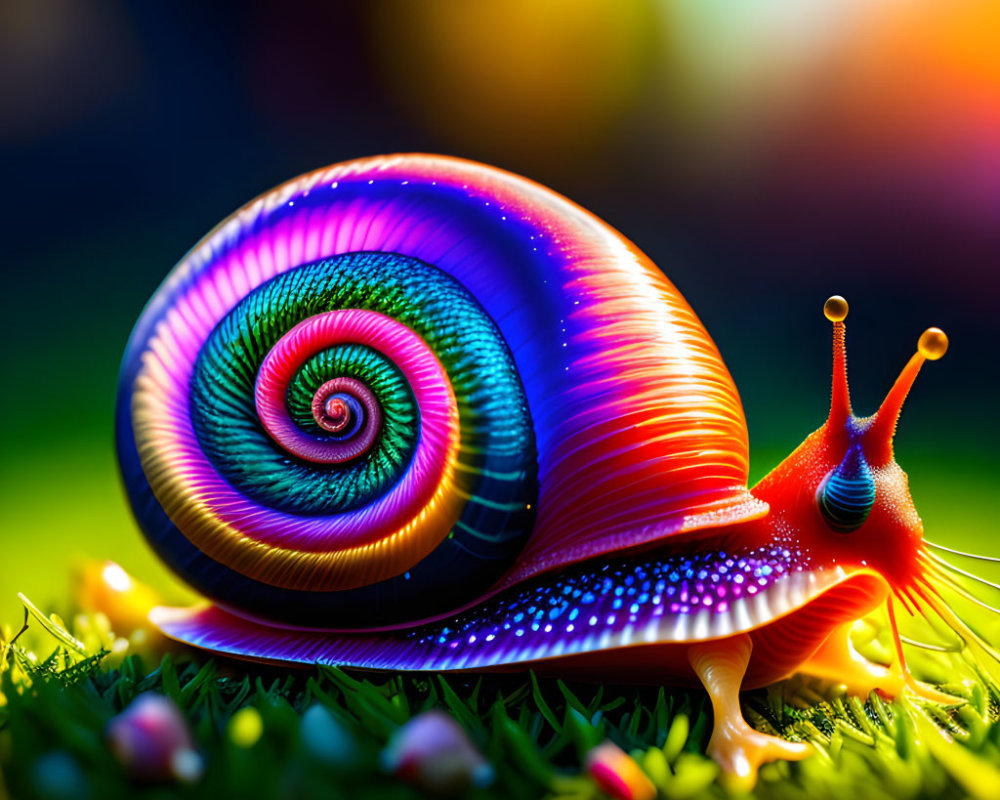 Colorful Rainbow-Hued Snail on Green Surface with Flowers