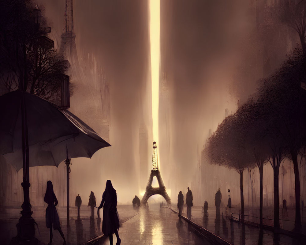 Foggy Paris Street Scene with Silhouetted Figures and Eiffel Tower