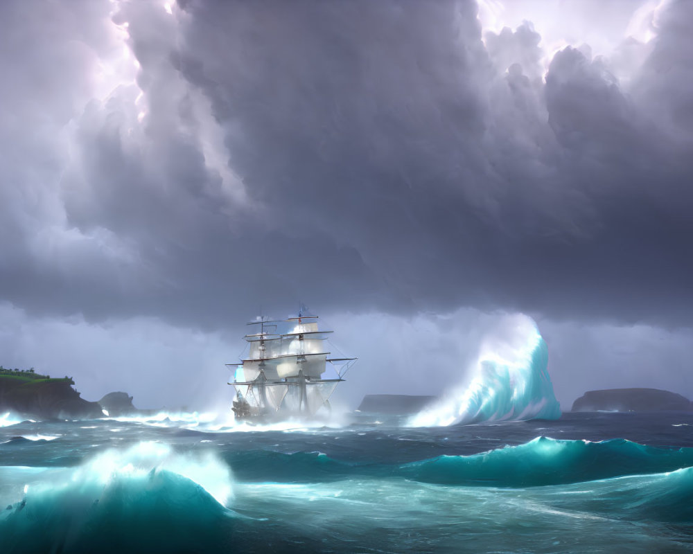 Majestic sailing ship in tumultuous seas under brooding sky