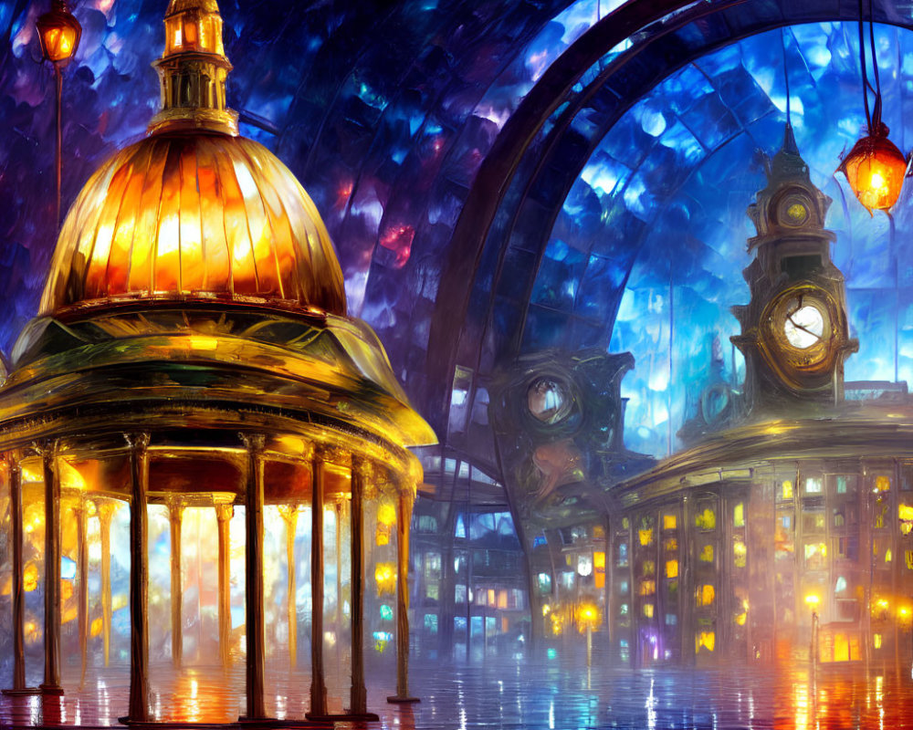 Luminous Gold-Domed Structure in Fantastical Painting