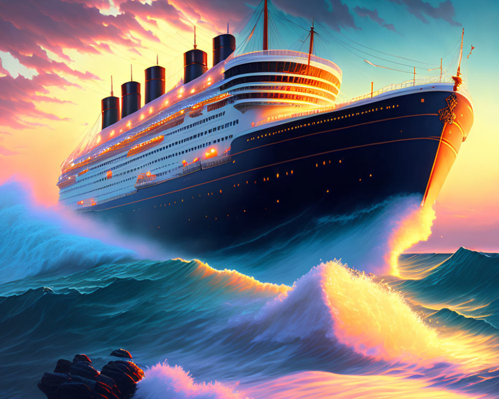 Ocean liner sailing through vibrant sunset-hued waves at dusk