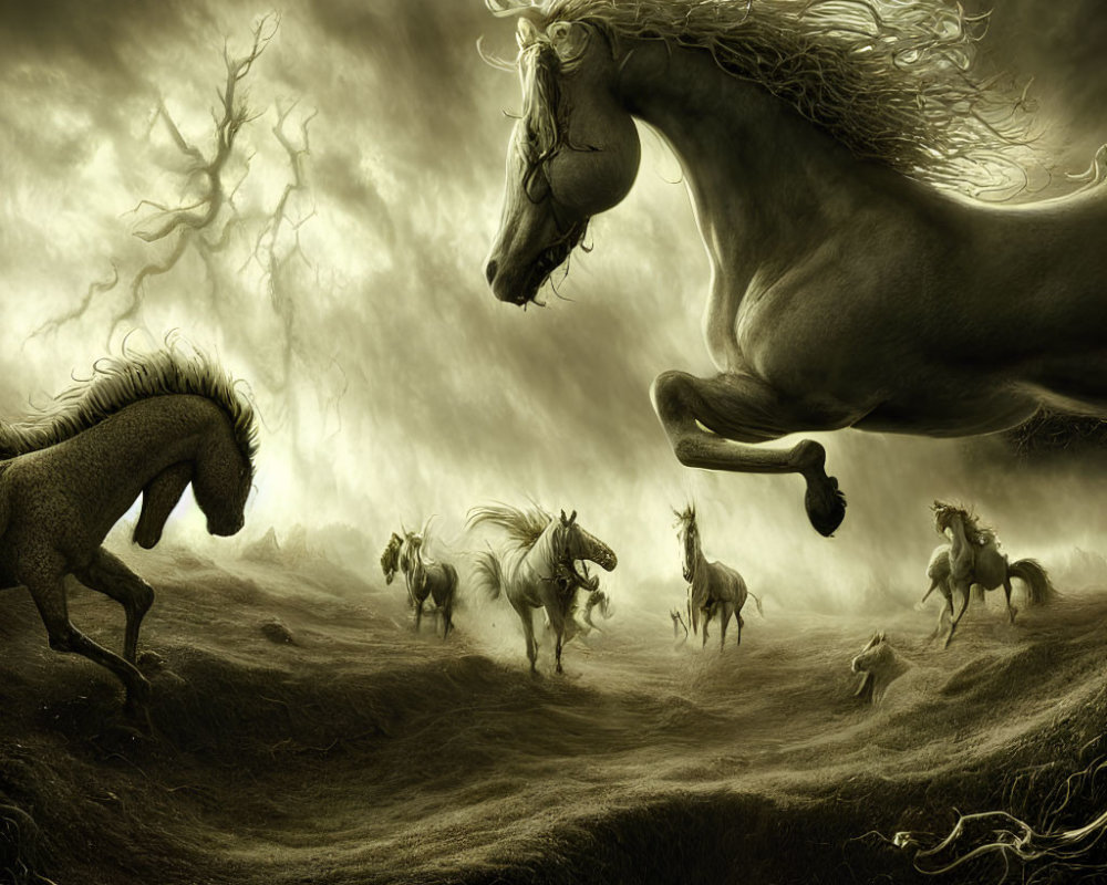 Multiple Wild Horses Galloping in Dark, Misty Landscape