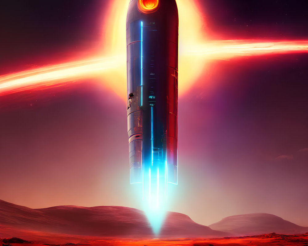 Futuristic spaceship with glowing engines on reddish alien landscape