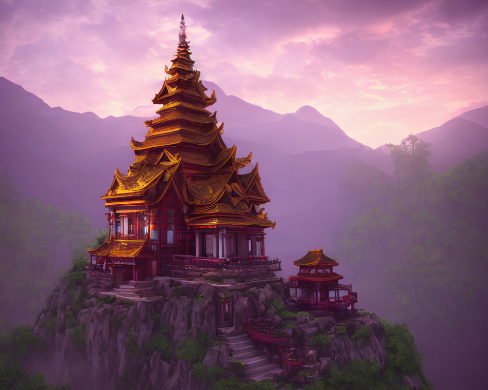 Golden Pagoda and Red Pavilion on Cliff at Sunset