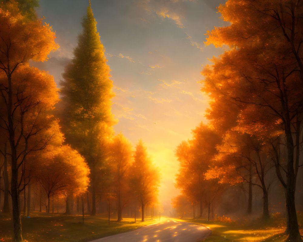 Tranquil Autumn Landscape with Winding Road and Golden Trees