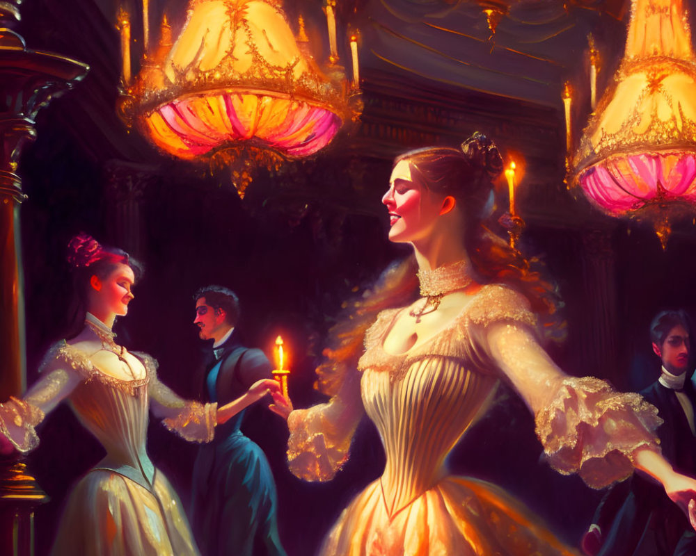 Elegant Victorian ballroom scene with opulent attire and warm lighting