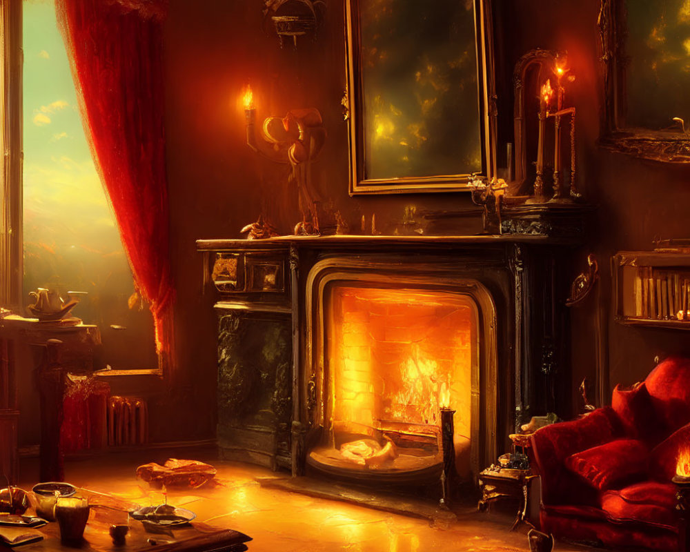 Warmly Lit Room with Fireplace, Red Drapes, Ornate Furniture, Paintings, and Candle