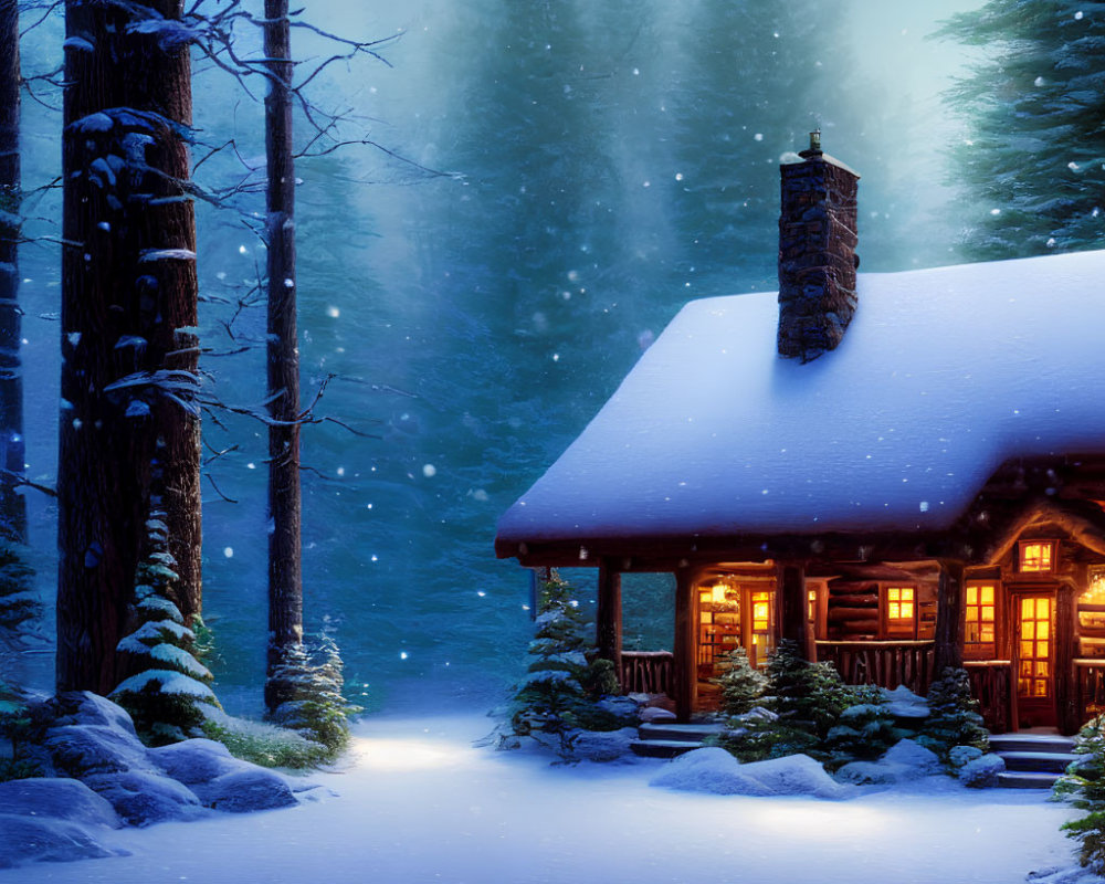 Snowy forest cabin at twilight with lit windows