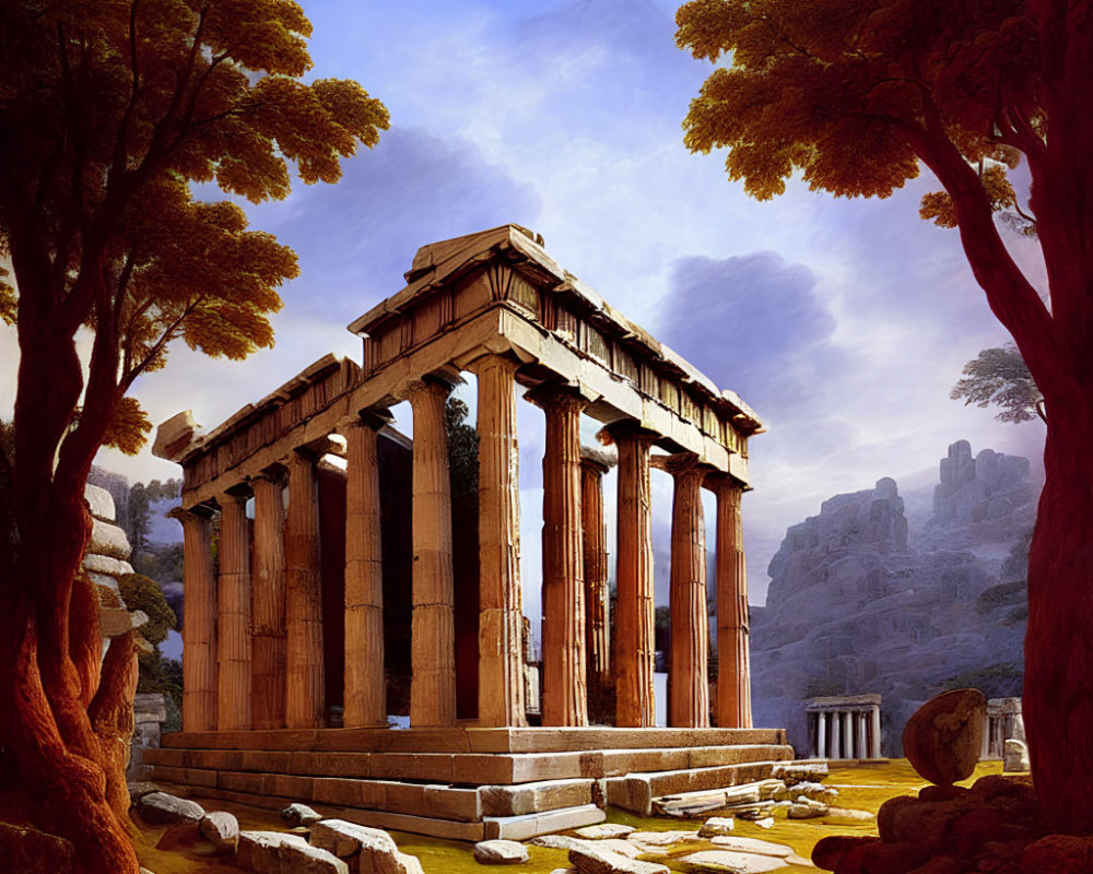 Ancient Greek Temple with Doric Columns in Forest Clearing