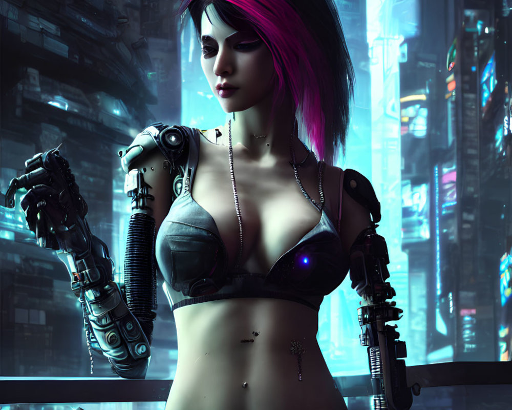 Female Cyborg with Pink Hair and Mechanical Arms in Neon Futuristic Cityscape