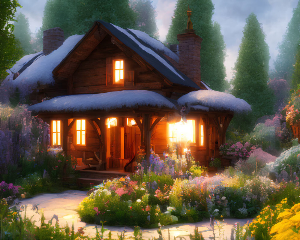 Cozy wooden cottage surrounded by lush gardens at sunset