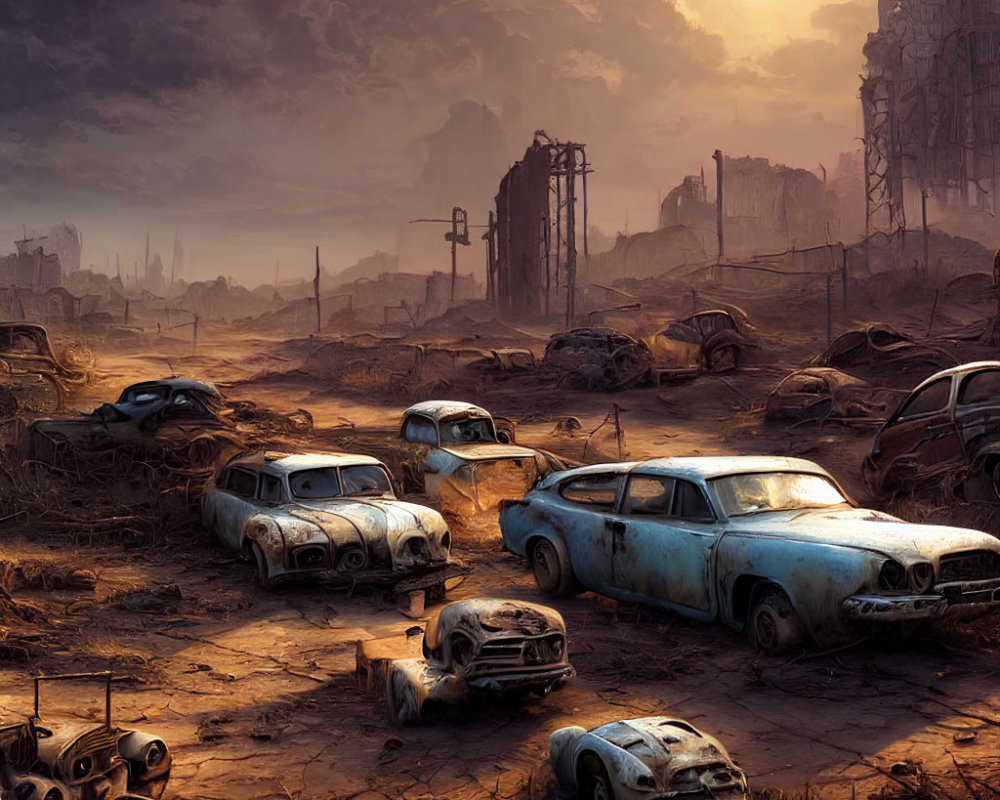 Desolate post-apocalyptic landscape with rusting cars and derelict buildings at dusk