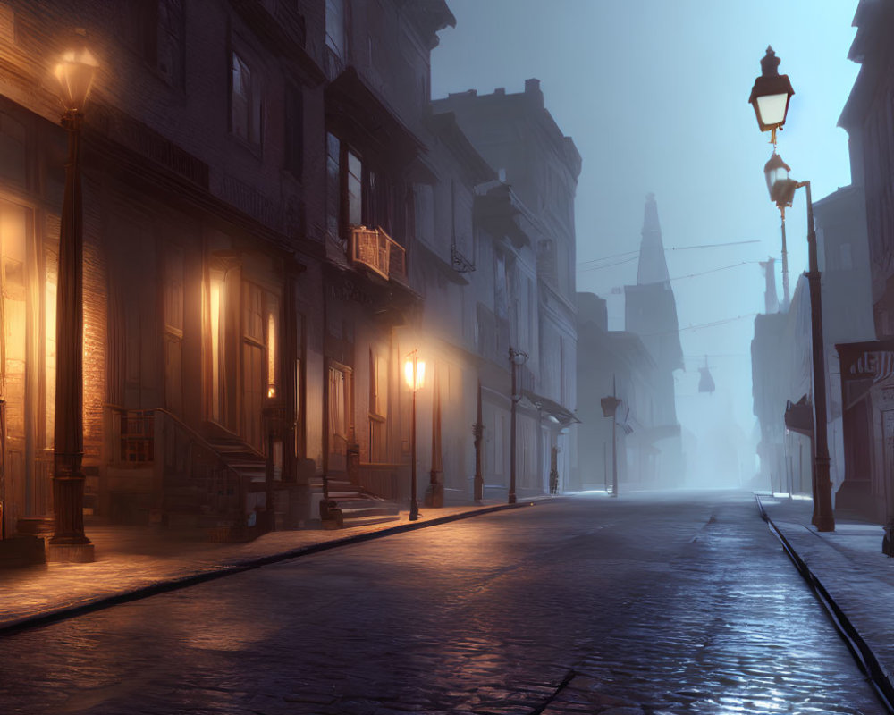 Vintage street lamps illuminate foggy dusk street scene