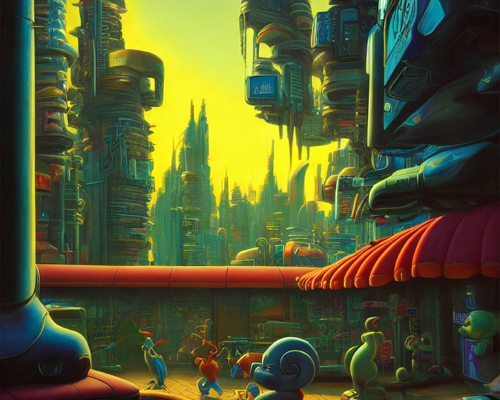 Vibrant futuristic cityscape with skyscrapers, flying vehicles, and animated alien characters at sunset