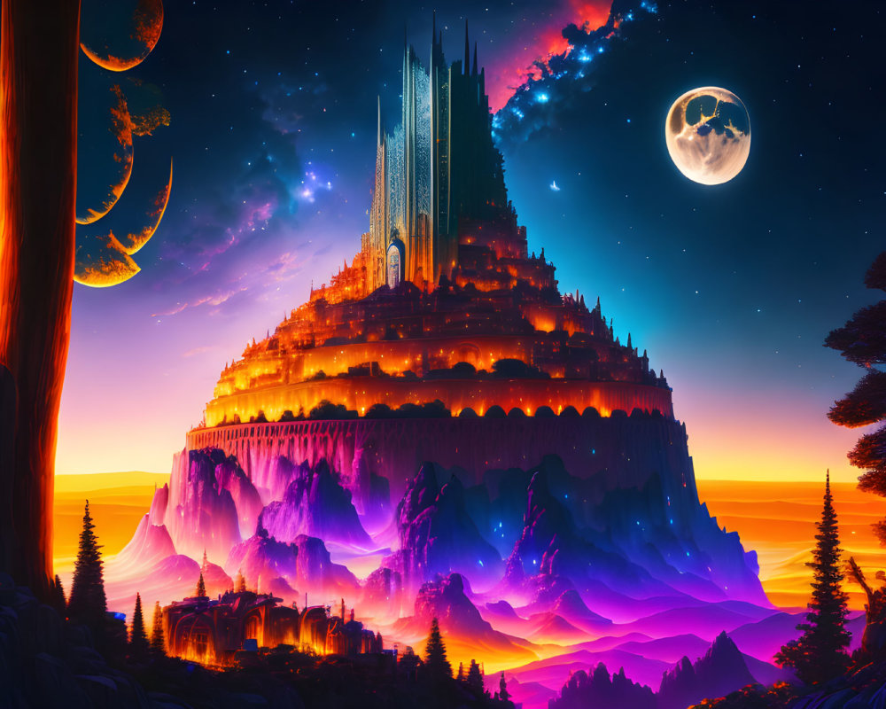 Majestic fantasy castle on cliff under starry sky with multiple moons, vibrant aurora colors,