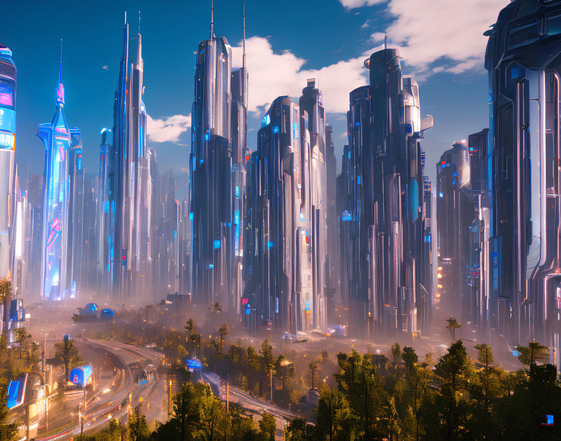 Futuristic cityscape with skyscrapers, neon lights, and flying vehicles at dusk