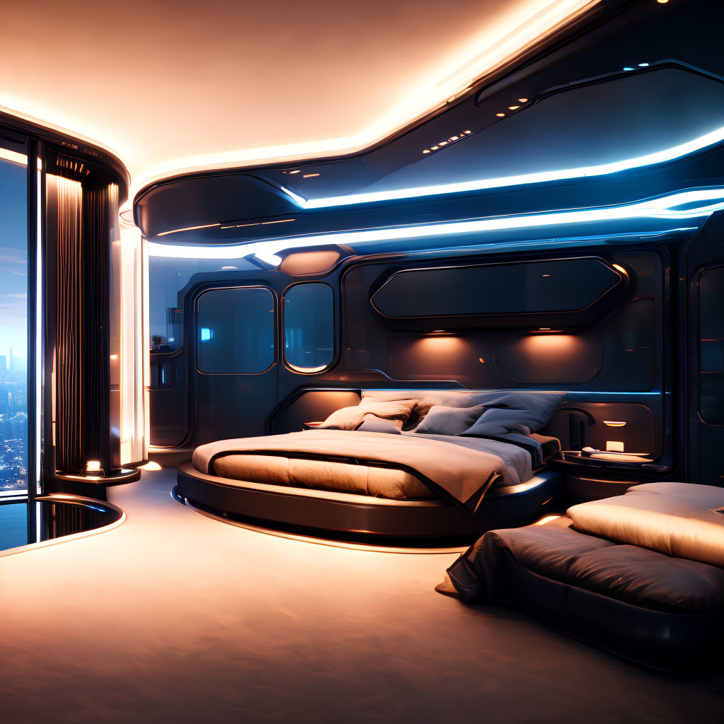 Modern round bed with neon lighting and city view in futuristic bedroom