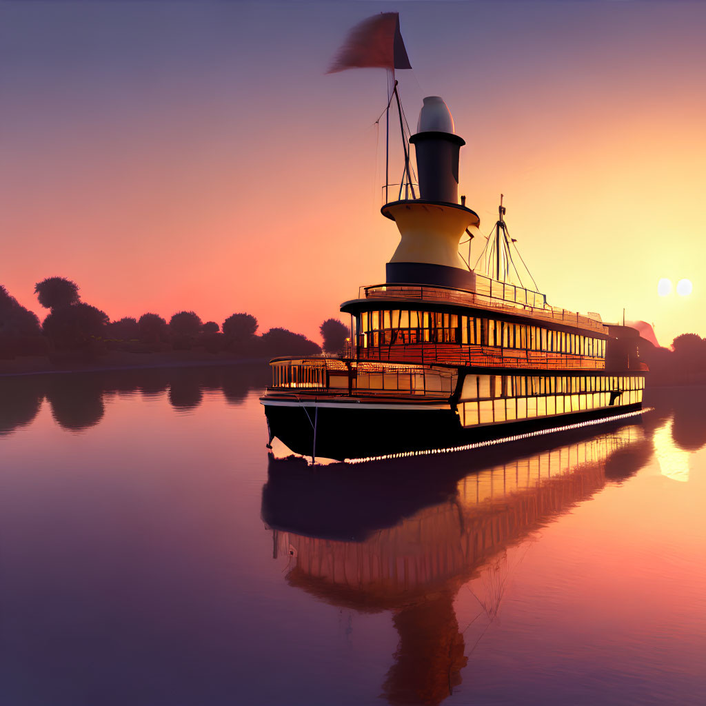 Vintage Paddle Steamer Boat Gliding on Calm Waters at Sunset