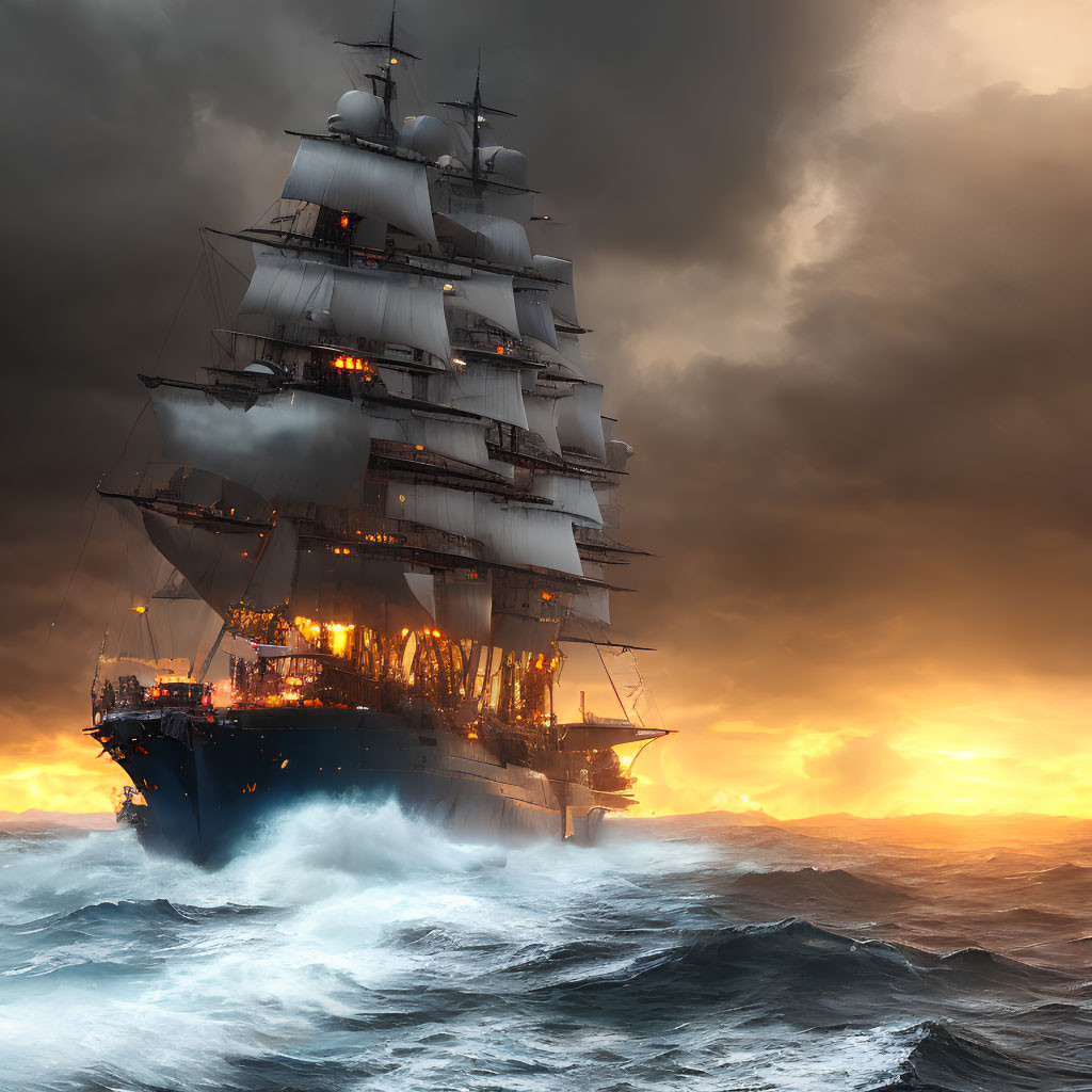 Majestic tall ship with illuminated sails in tumultuous ocean waves