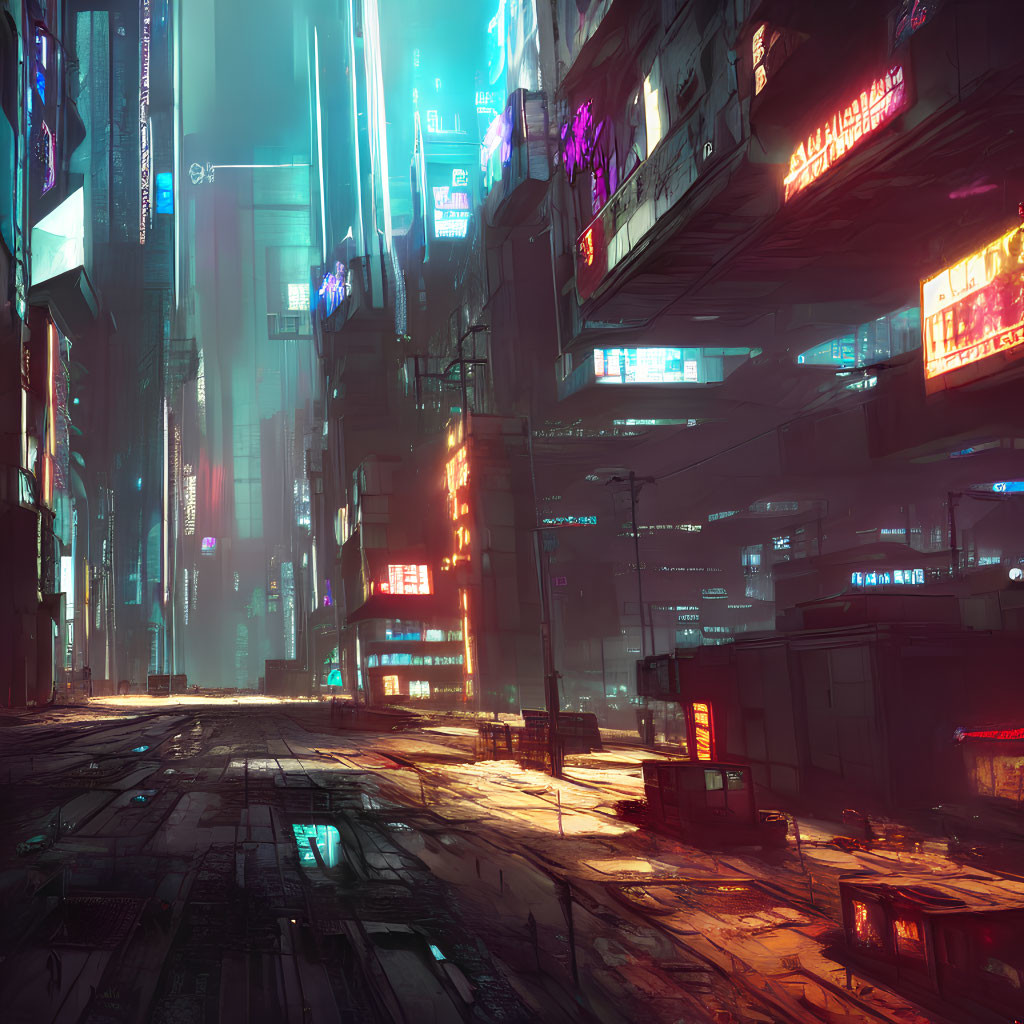 Vibrant futuristic cityscape with neon skyscrapers and illuminated billboards