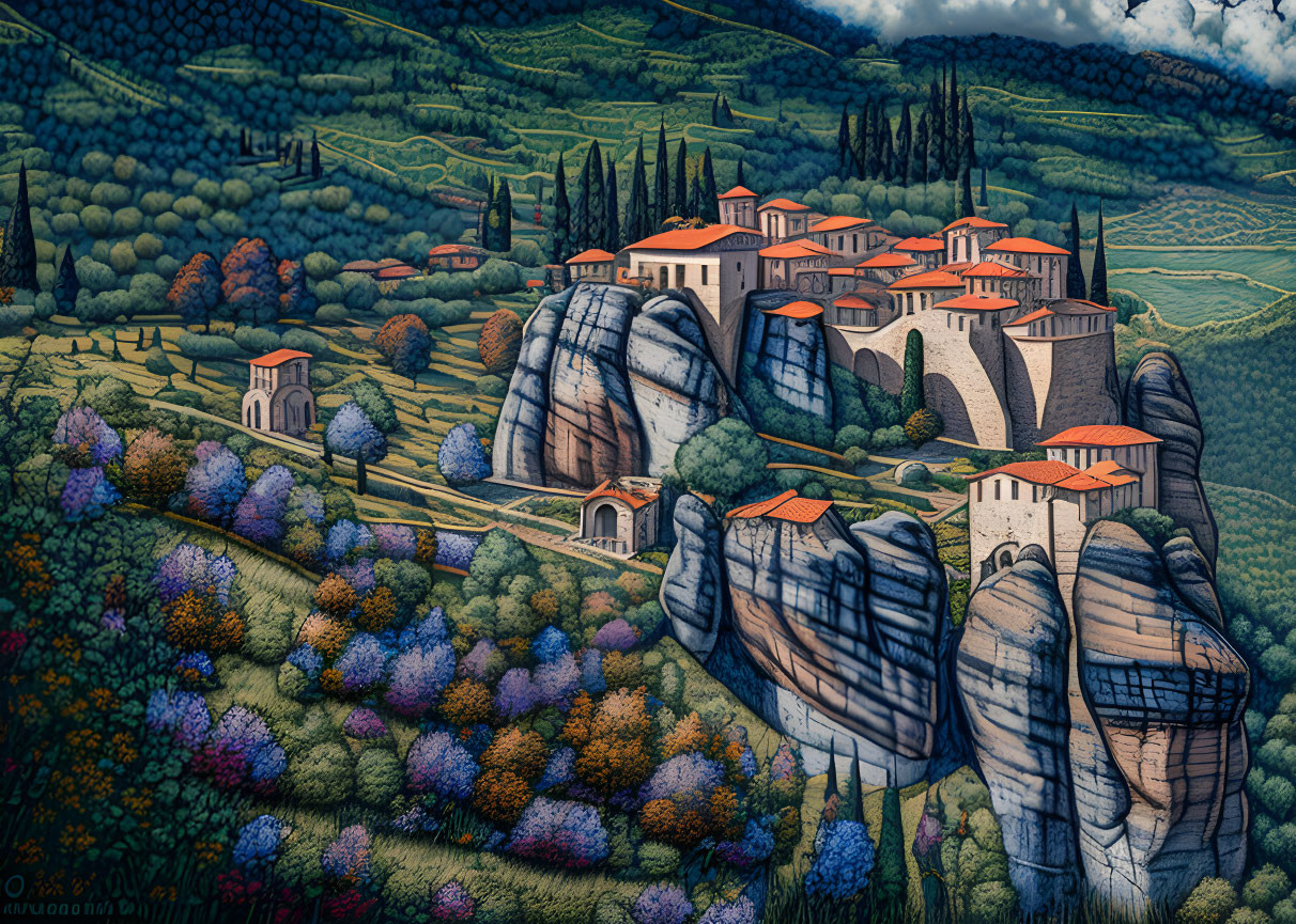 Serene monastery on rocky cliffs in illustrated landscape