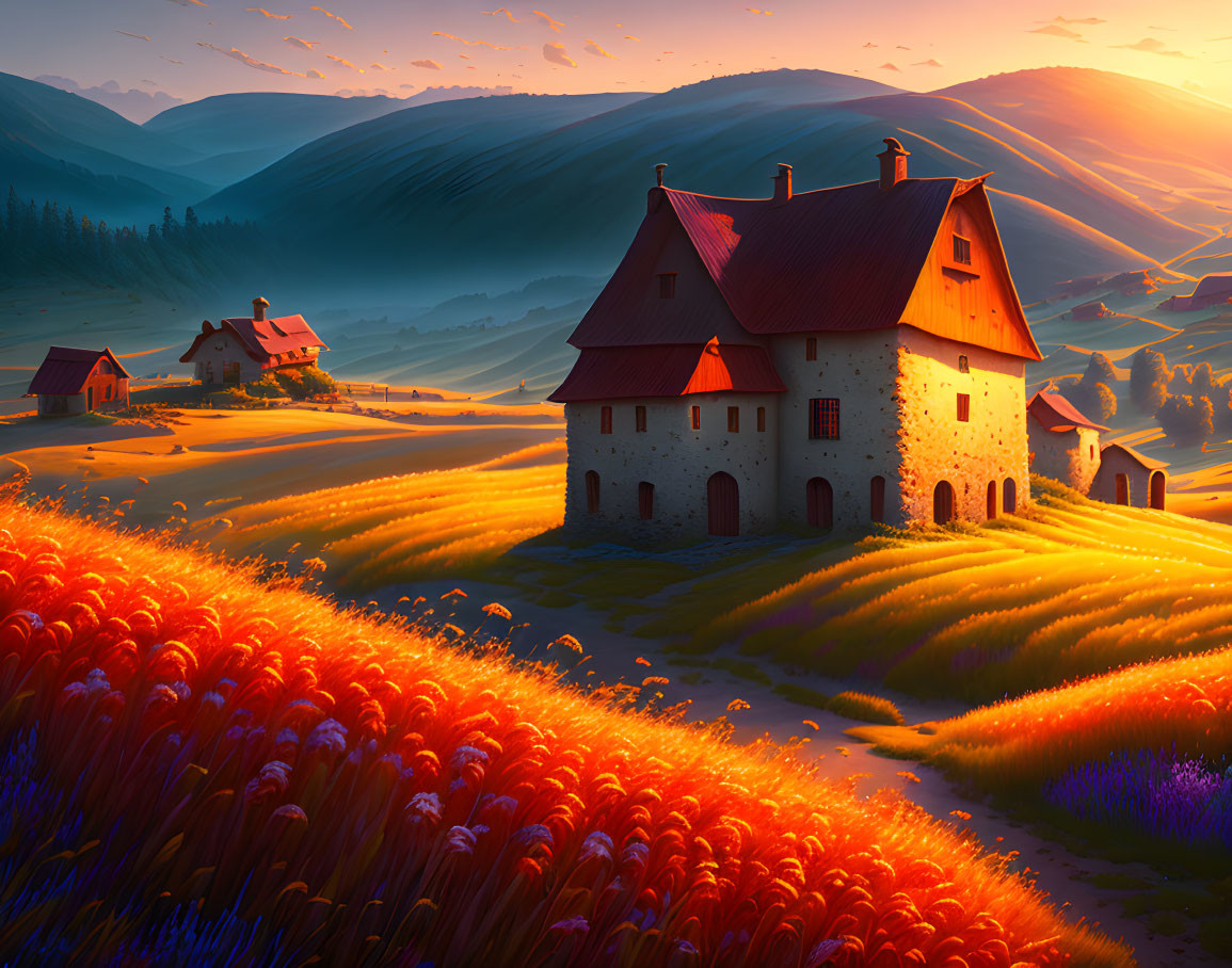 Colorful countryside scene with stone house and wheat fields at sunset