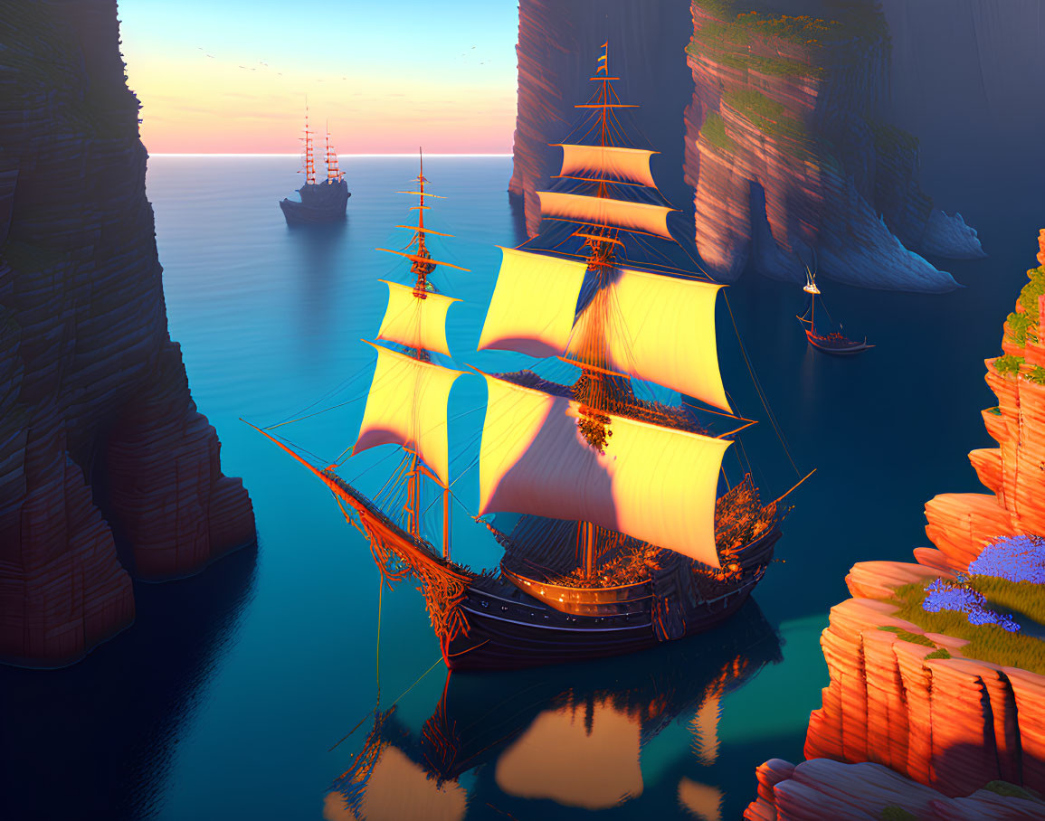Sailing ship with full sails near cliffs at sunset