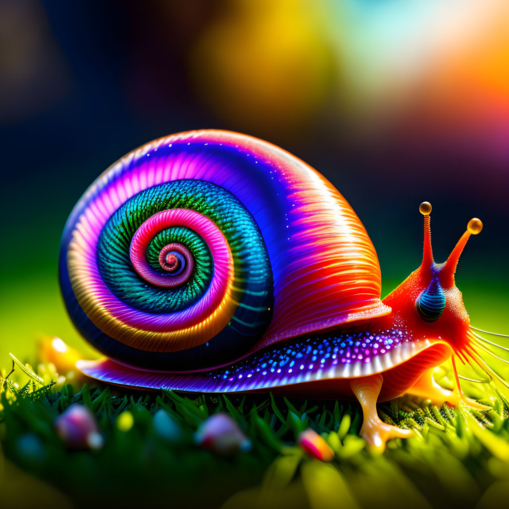 Colorful Rainbow-Hued Snail on Green Surface with Flowers