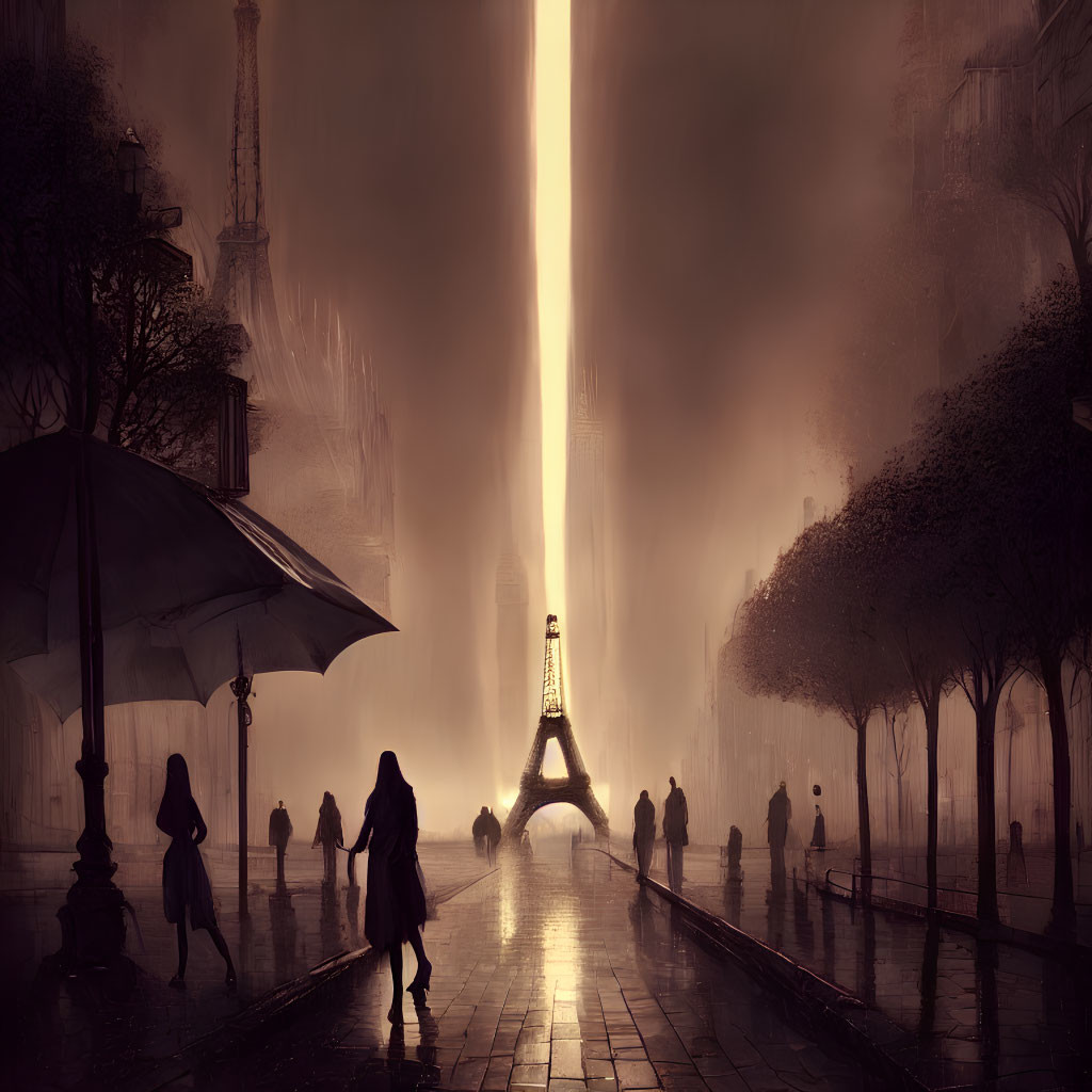 Foggy Paris Street Scene with Silhouetted Figures and Eiffel Tower