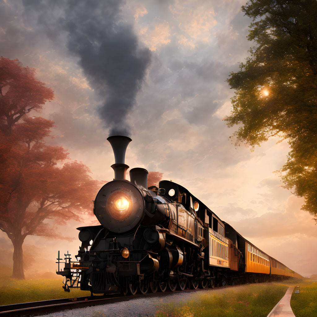 Vintage steam locomotive beside road at sunset with autumn trees