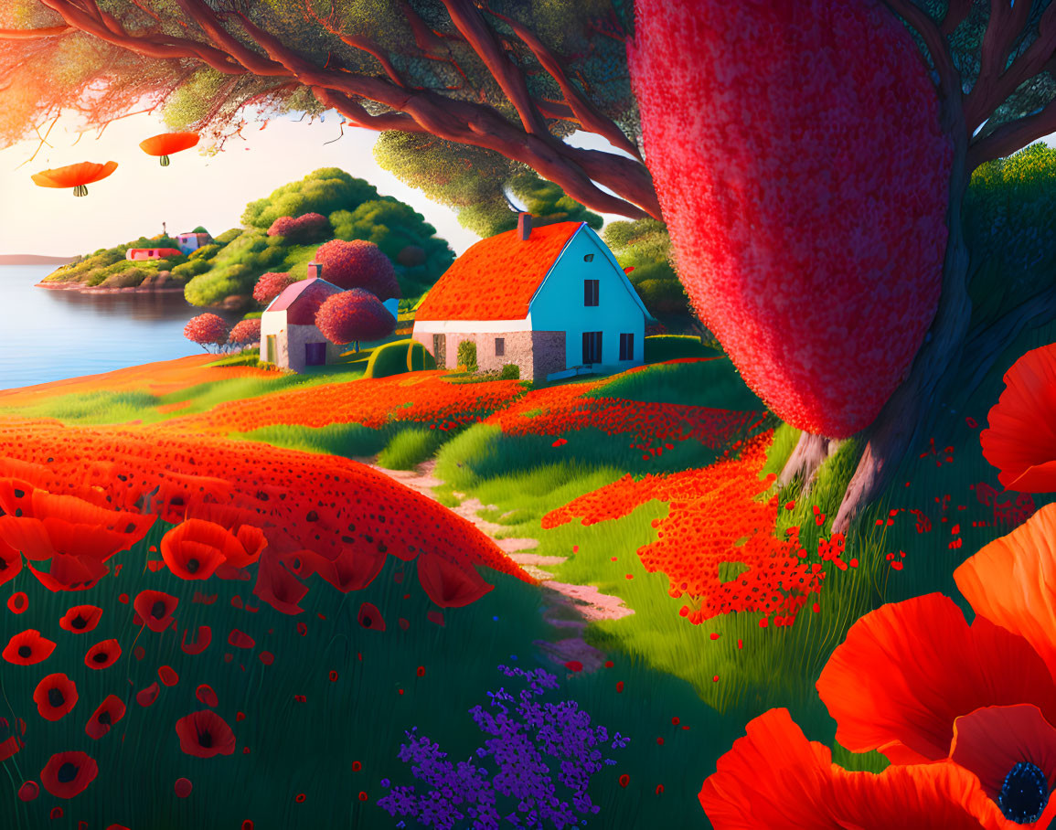 Colorful landscape with poppy fields, whimsical cottages, and surreal trees.