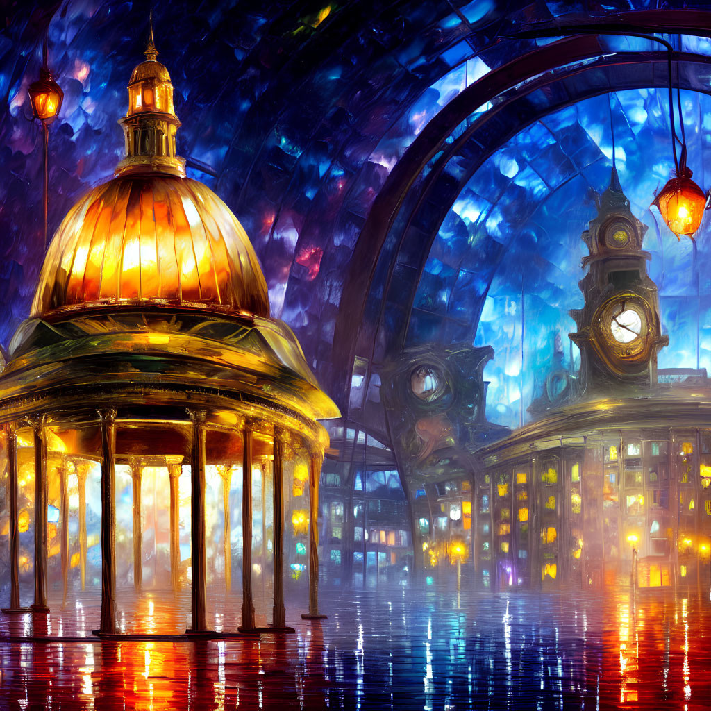 Luminous Gold-Domed Structure in Fantastical Painting