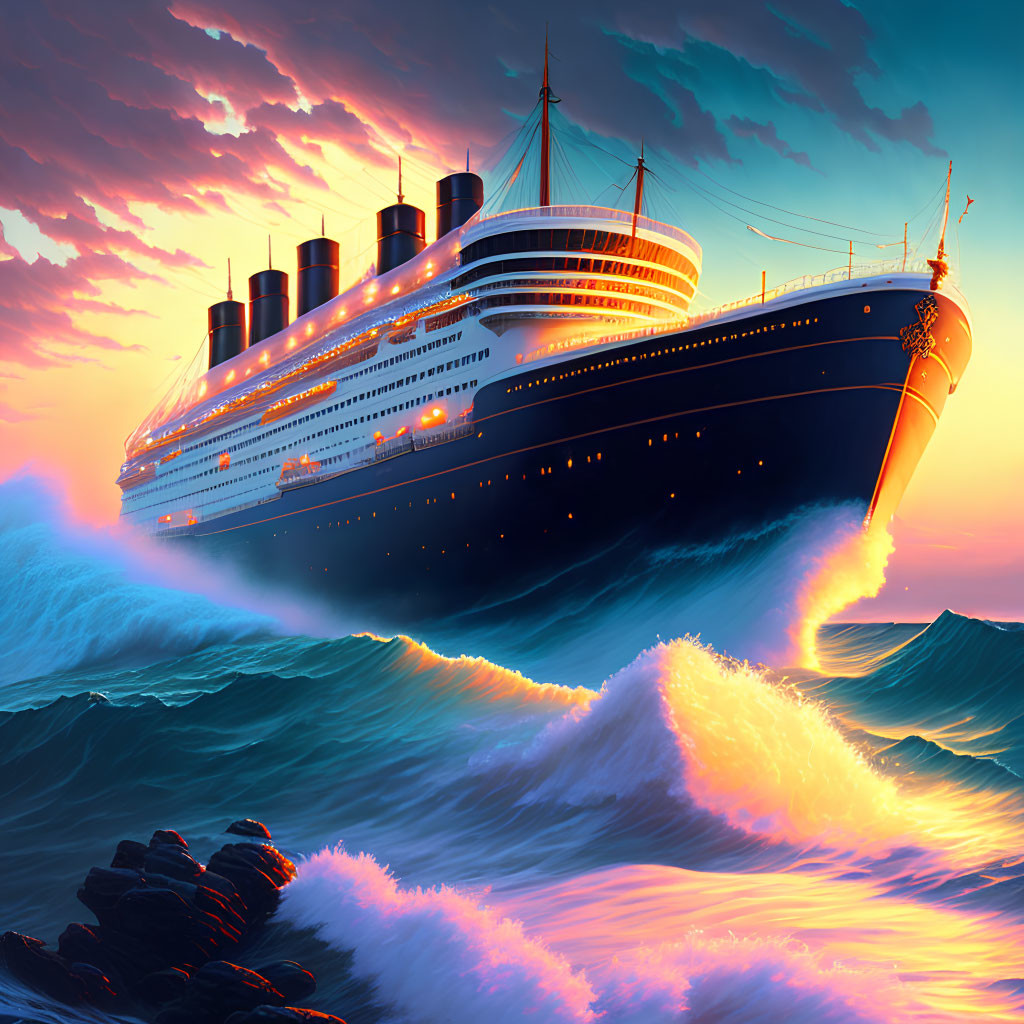 Ocean liner sailing through vibrant sunset-hued waves at dusk