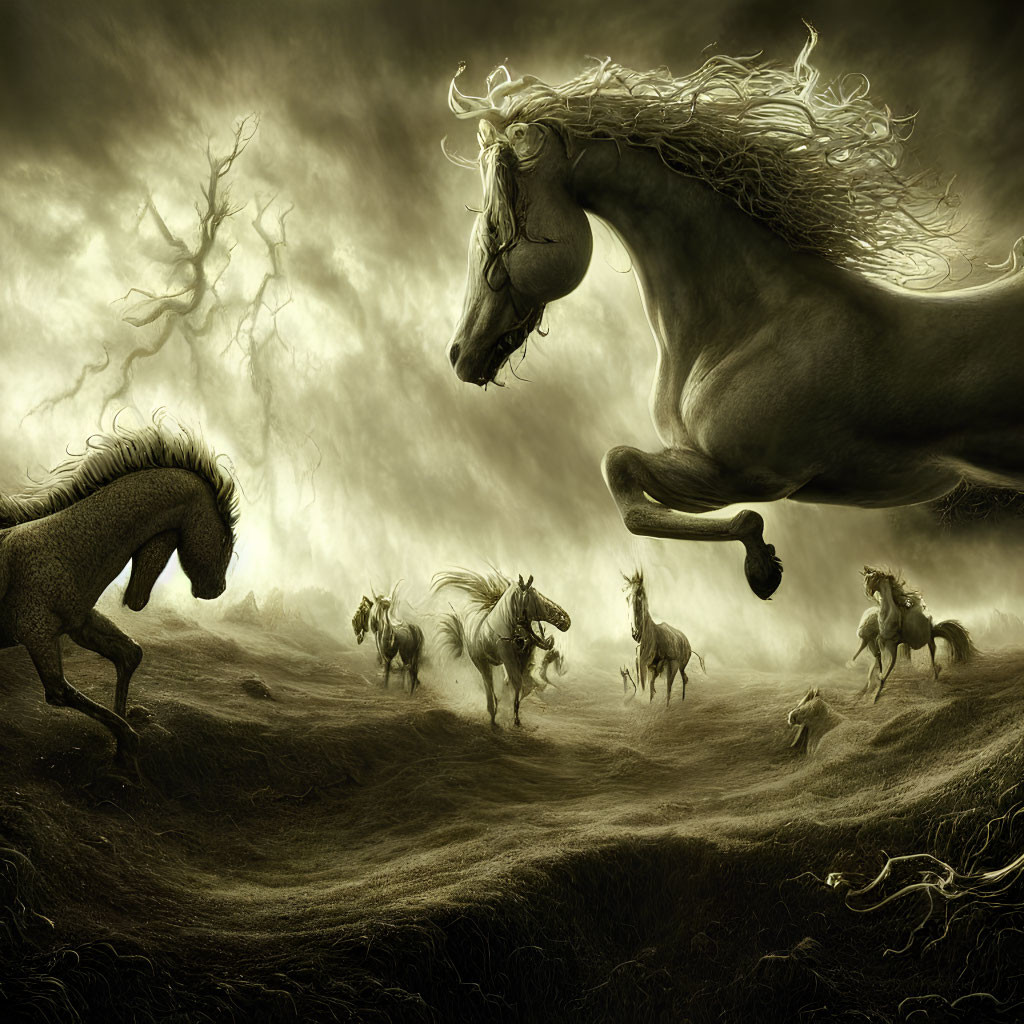 Multiple Wild Horses Galloping in Dark, Misty Landscape