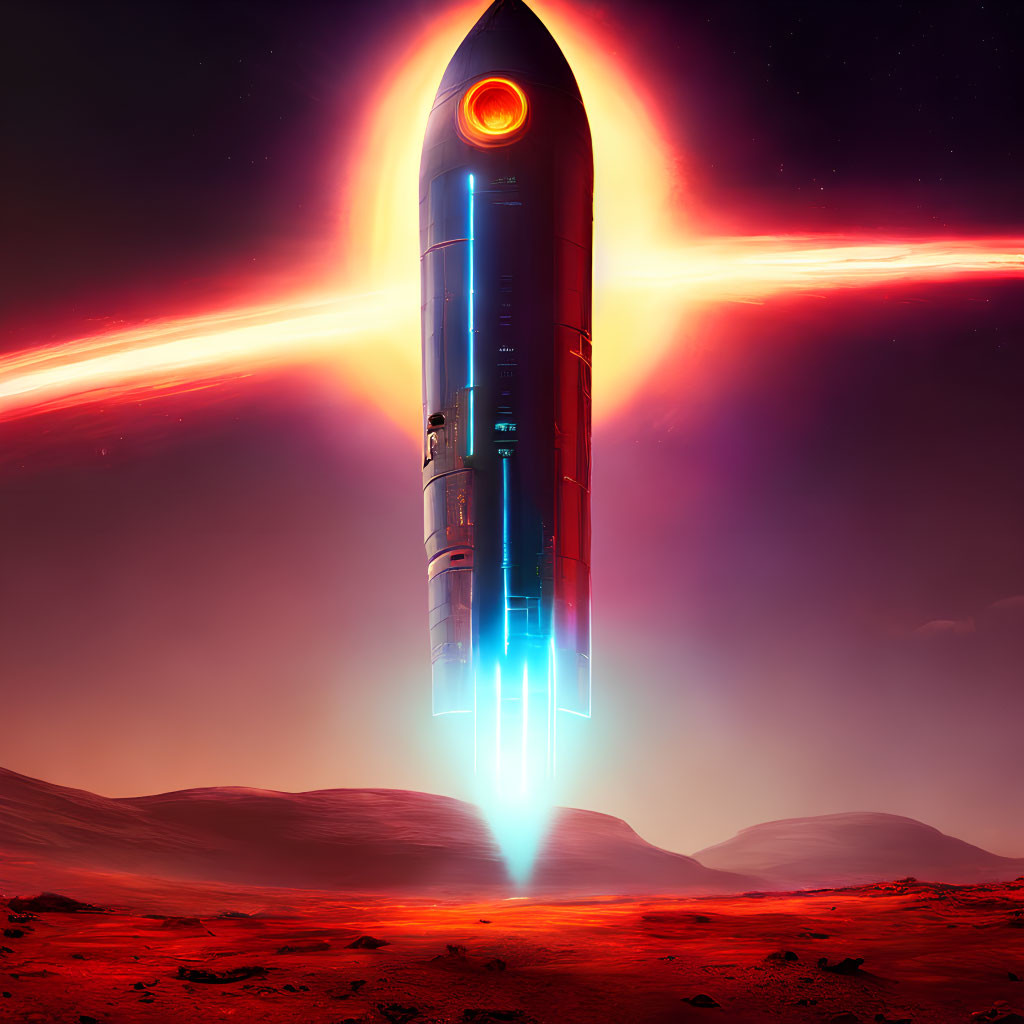 Futuristic spaceship with glowing engines on reddish alien landscape