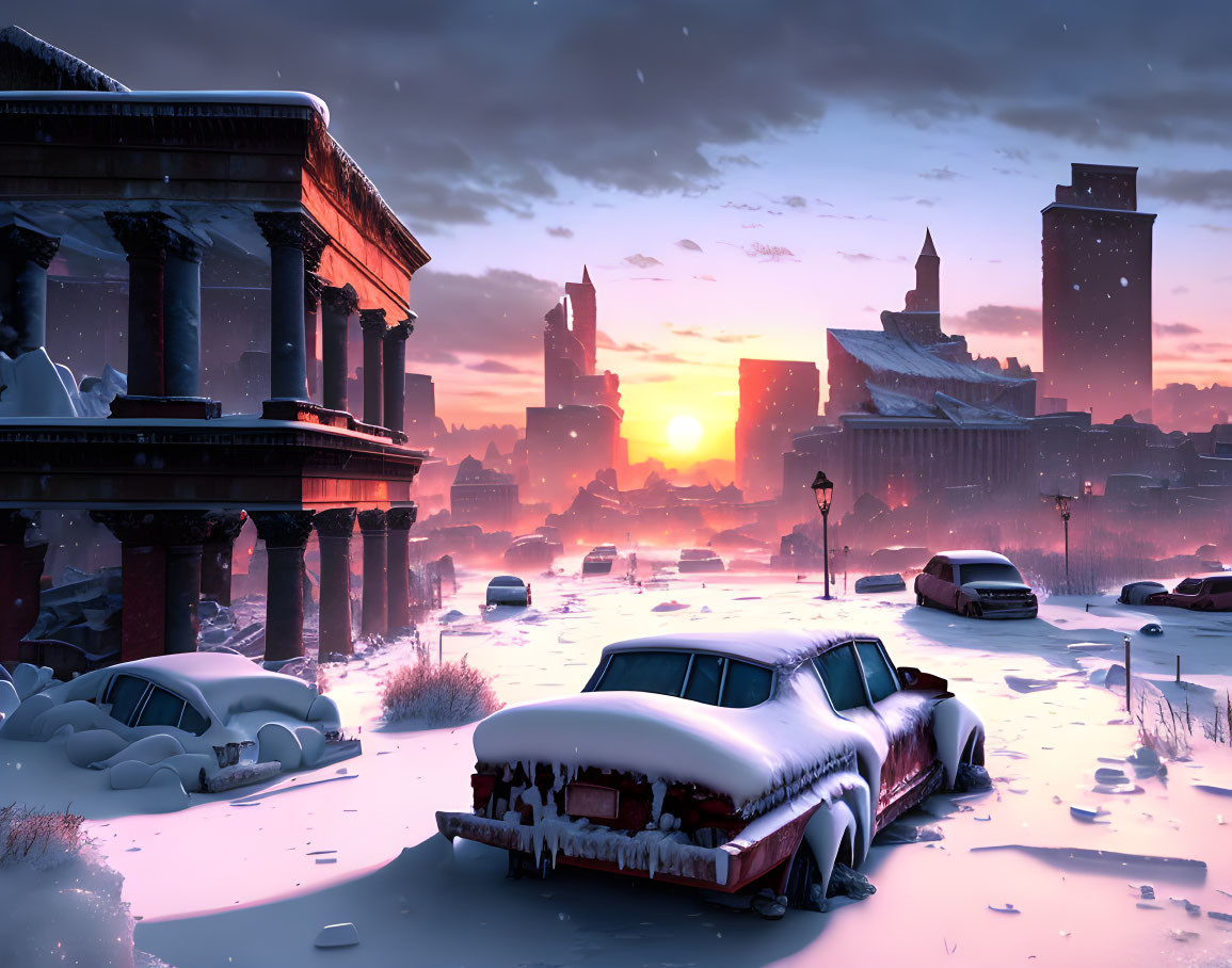 Abandoned cityscape at sunset with snow and derelict buildings