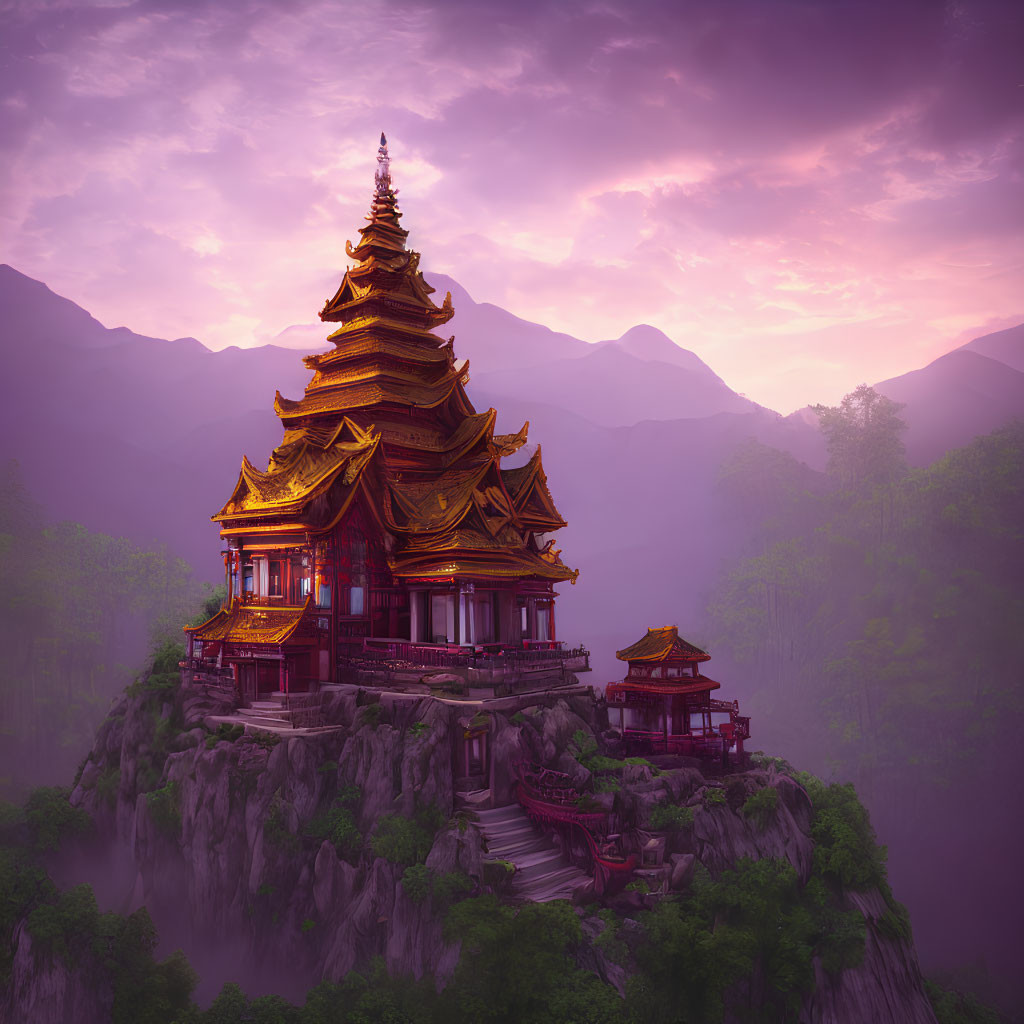 Golden Pagoda and Red Pavilion on Cliff at Sunset