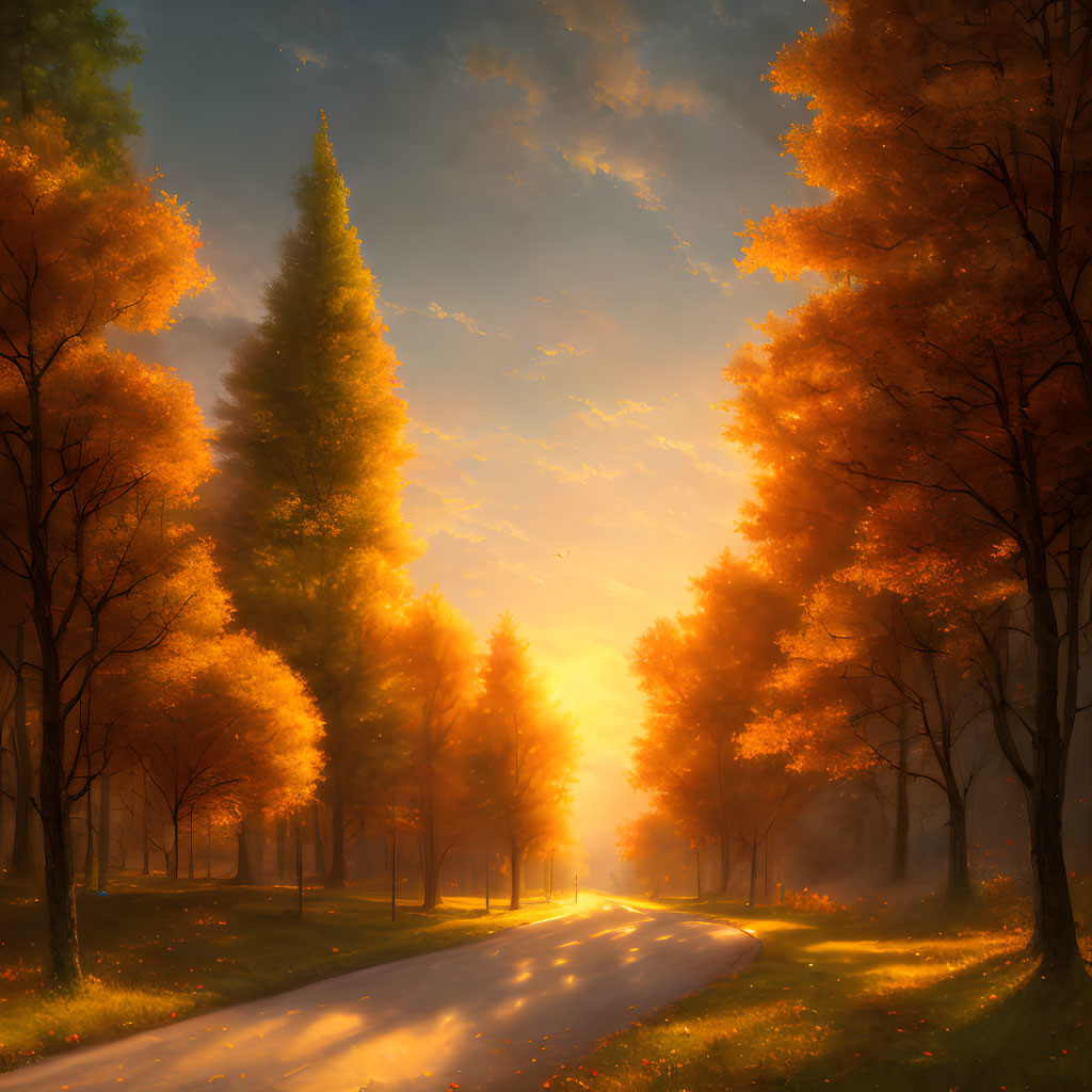 Tranquil Autumn Landscape with Winding Road and Golden Trees