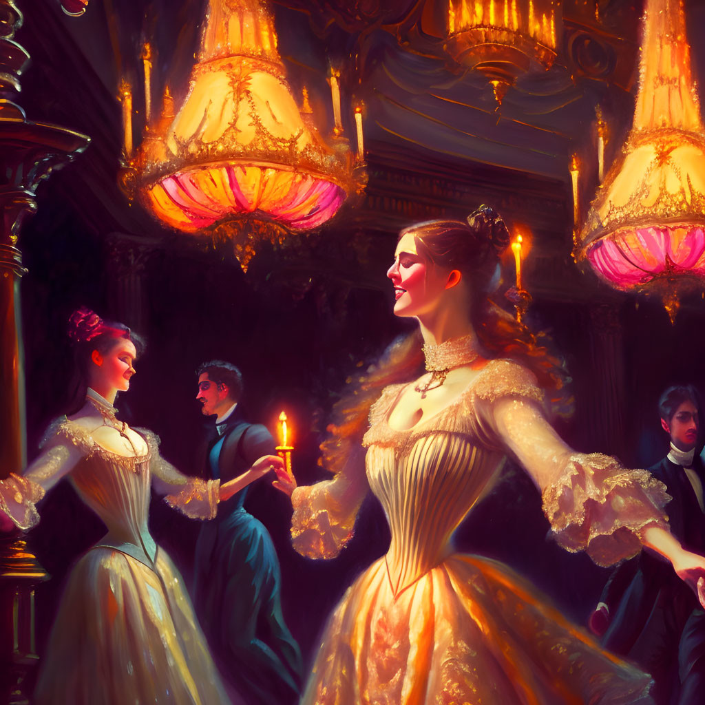 Elegant Victorian ballroom scene with opulent attire and warm lighting
