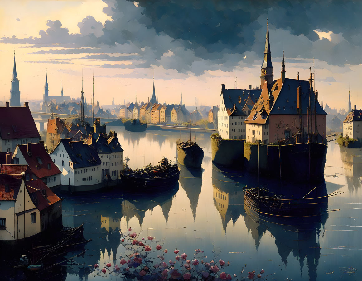 Medieval European town painting with buildings reflected in water