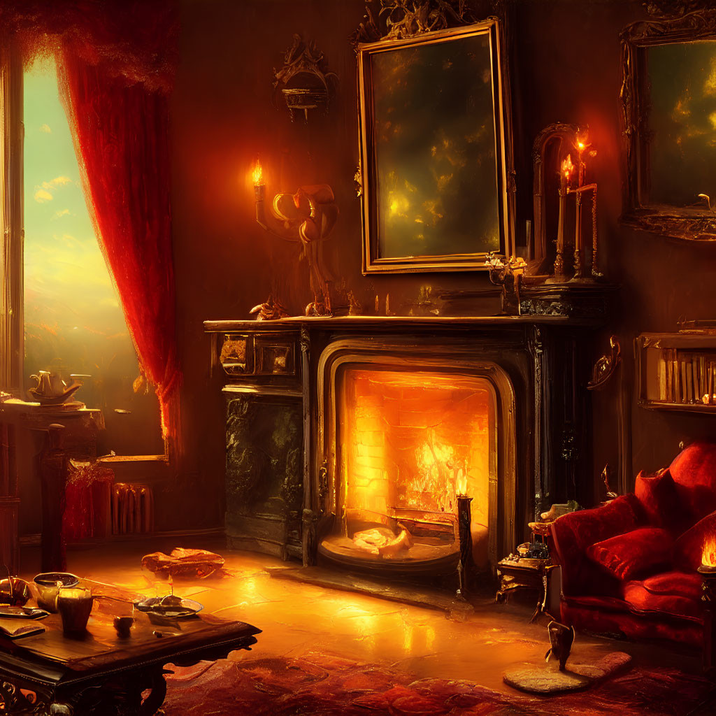 Warmly Lit Room with Fireplace, Red Drapes, Ornate Furniture, Paintings, and Candle