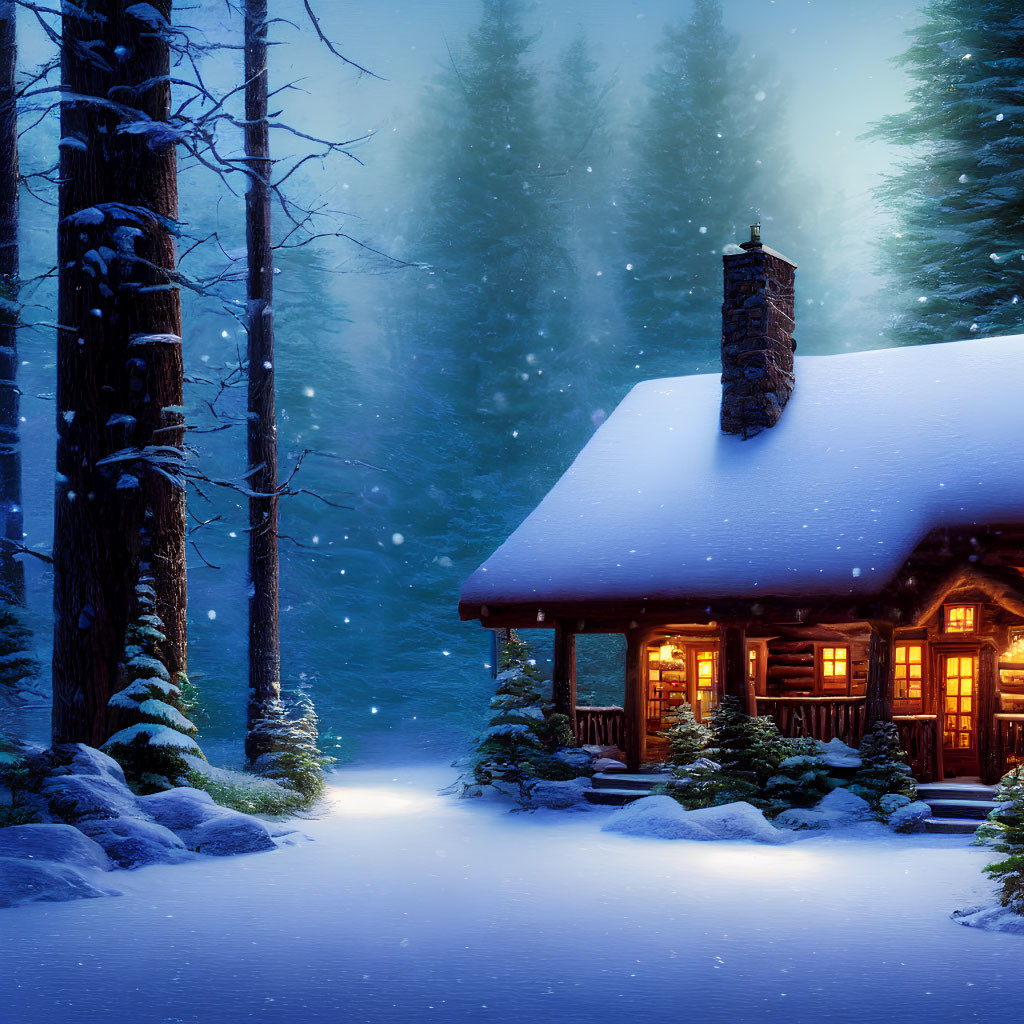 Snowy forest cabin at twilight with lit windows