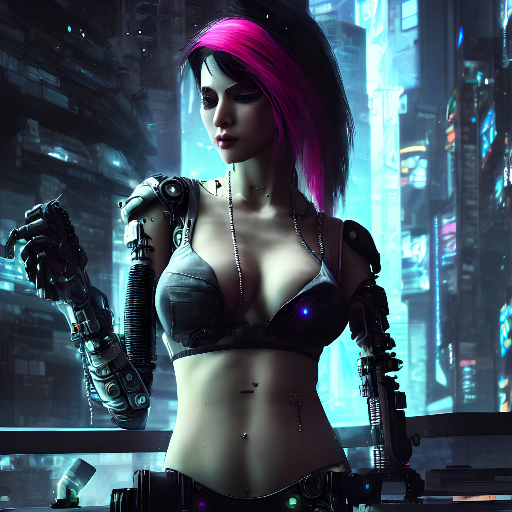 Female Cyborg with Pink Hair and Mechanical Arms in Neon Futuristic Cityscape