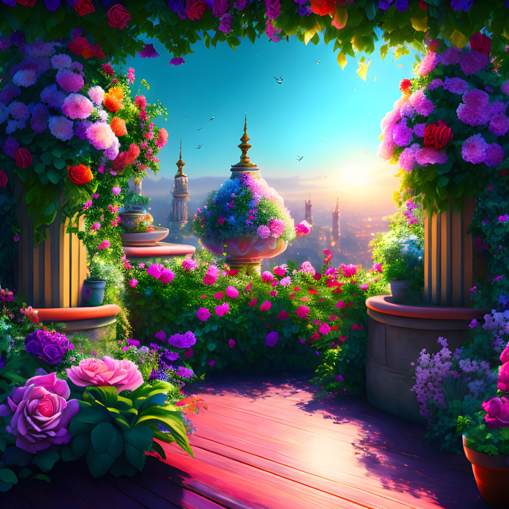 Colorful garden terrace with blooming flowers and cityscape view at sunset